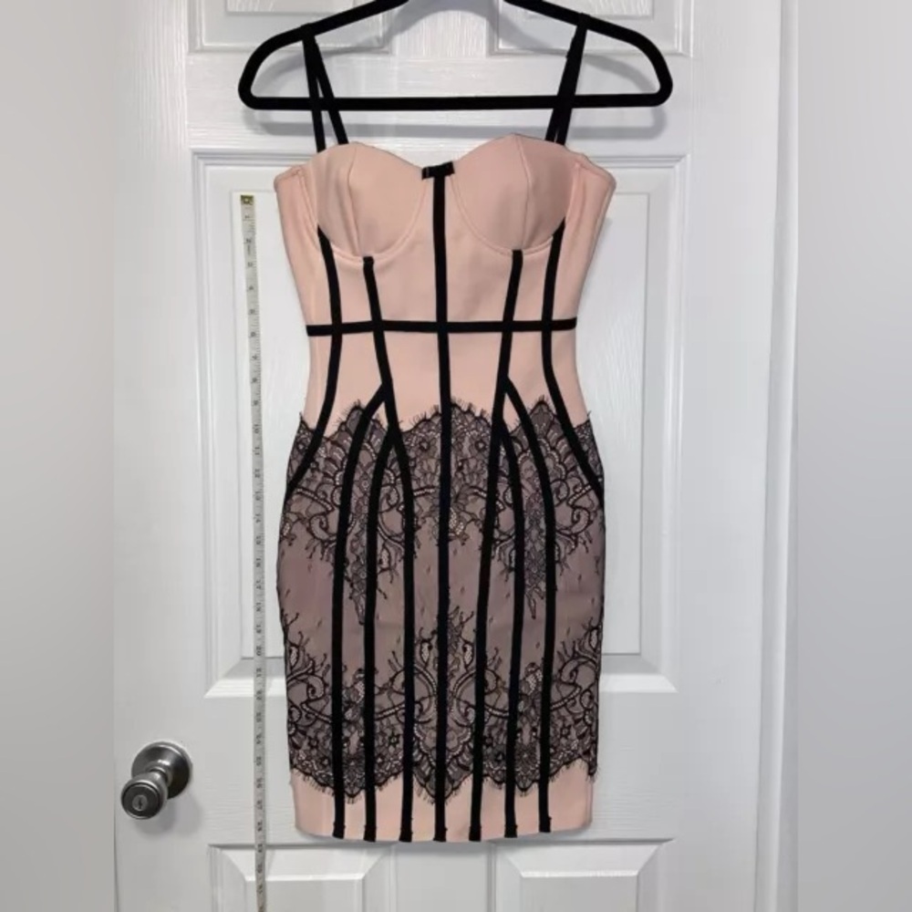 Beige and Black Lace Design Midi Dress